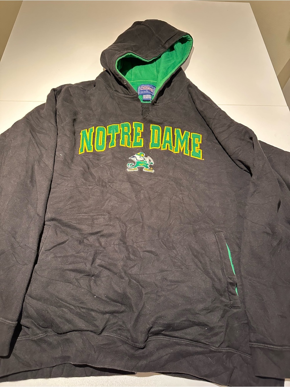 Notre Dame  Champs Black Hoodie with Green Lining
